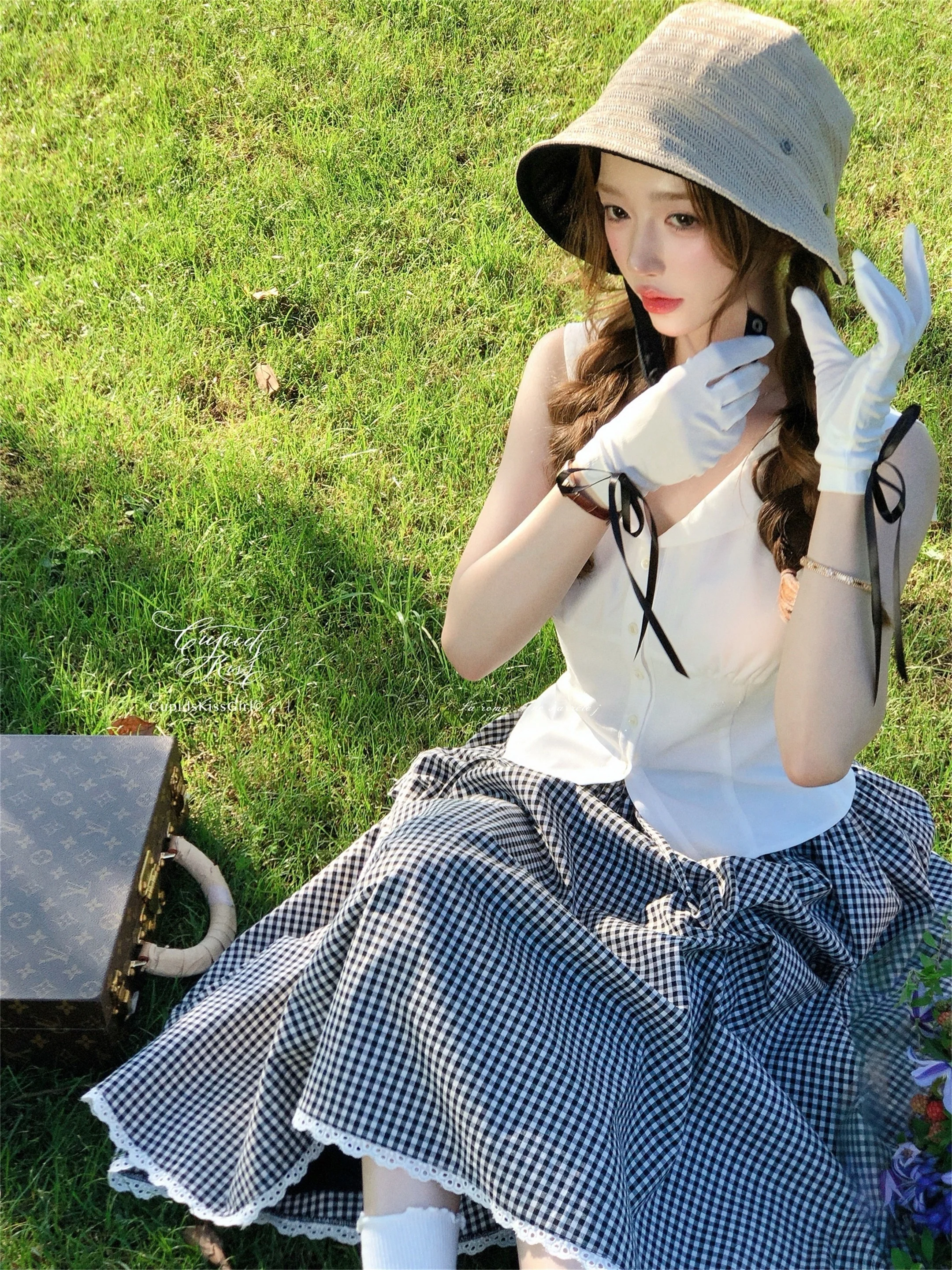 

CSK Cupid Lightweight ort Navy Collar Japanese Sle Slim Fit irt with Belt And Plaid Skirt Set Women's Busin Casual C...