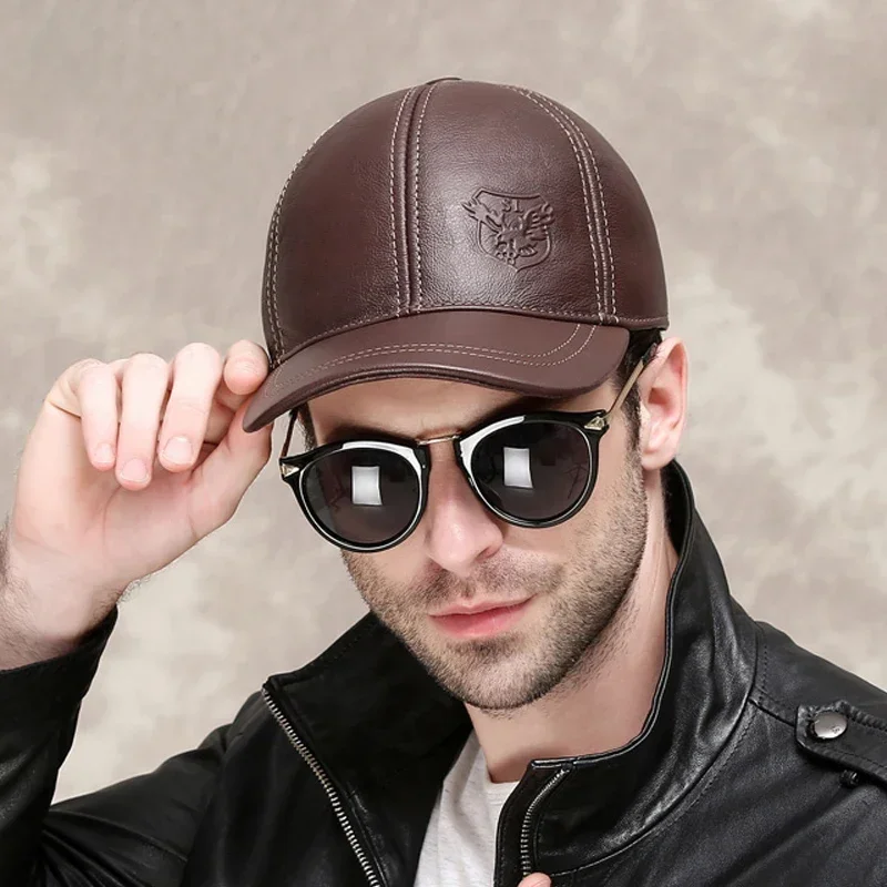 

Male Genuine Leather 56-60CM Black/Brown Baseball Caps Eagle Print For Man Casual Street Gf Gorras Dad Hat
