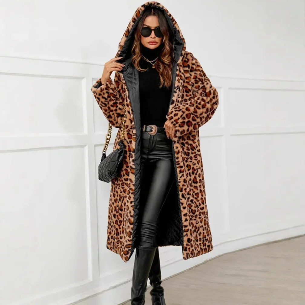 

2024 High Street Leopard Print Long Faux Fur Coat Jacket For Women Autumn Winter Fur Coats Fashion Casual Loose Warm Top Jackets