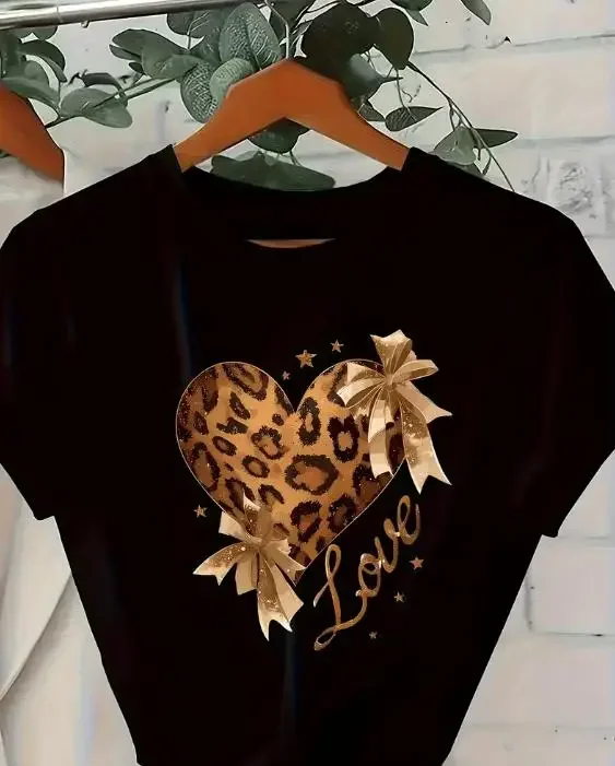 Leopard Print Heart Women T Shirt Golden Bow Ribbon Graphic Printed Tees Coquette Aesthetic Clothing Y2k Grunge Short Sleeve Casual Tops