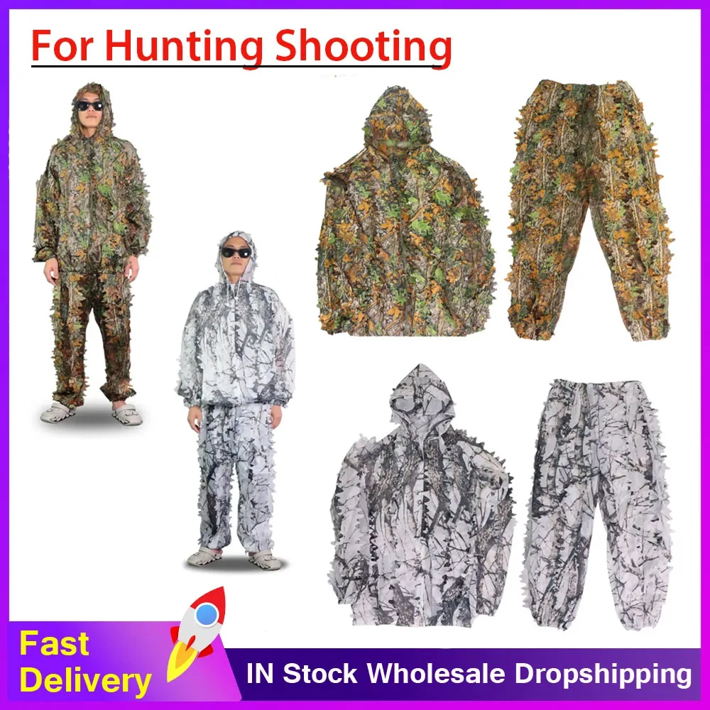 3D Leaf Bionic Camouflage Hunting Suits Men Women CS Shooting Ghillie Suit Hooded Jacket Tactical Combat Clothes Set Accessory