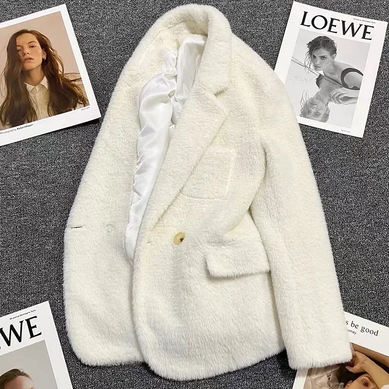 Costume Blazer Blanc en Poil d'Agneau pour Femme, Tenue de Bureau Formelle, de Travail, à la Mode, Manteau, Veste, Robe de Bal, 1 Pièce