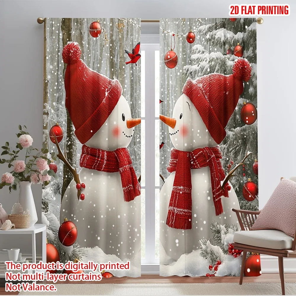 

2pcs,2D plane printing Curtains Cute Snowmen Winter Christmas Scene (3) Versatile Fabric (without rod) Decorations Outdoor
