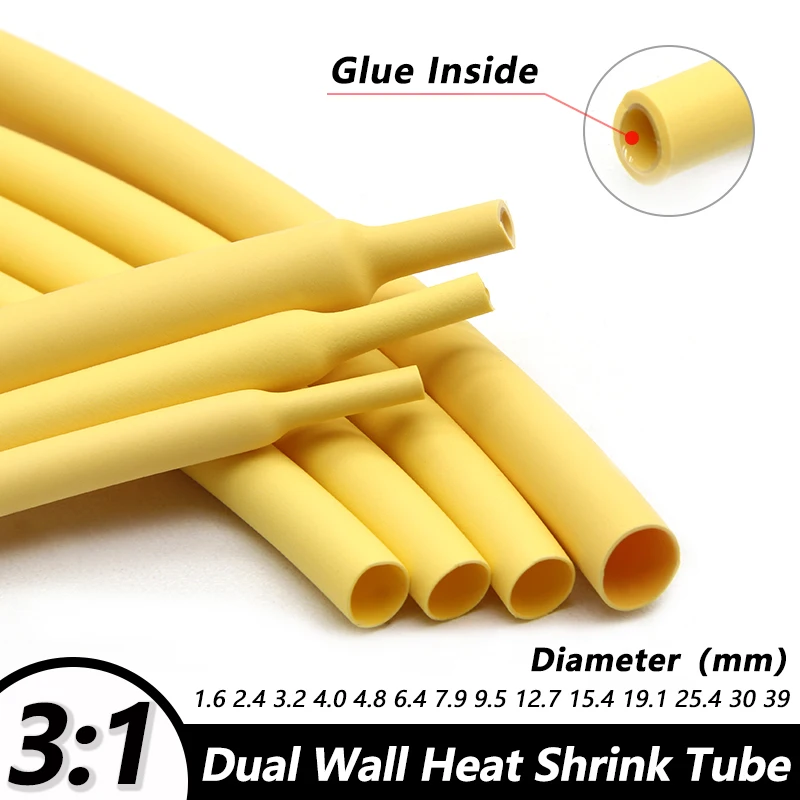 

Yellow 3:1 Heat Shrink Tubing With Glue 1.6 - 39mm Diameter Waterproof Double Wall Adhensive Lined Wire Polyolefin Cable Sleeve