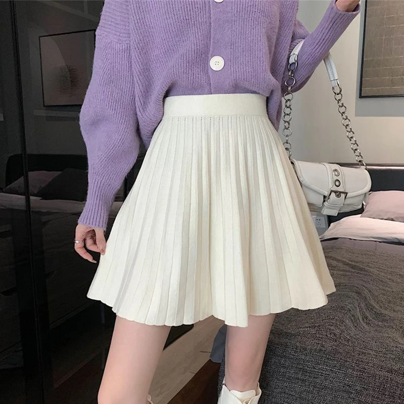 

Knitted Pleated Skirts Women High Waist Solid Korean Fashion Preppy Mini Skirt Spring Autumn Casual Sweet Ribbed All Match Skirt