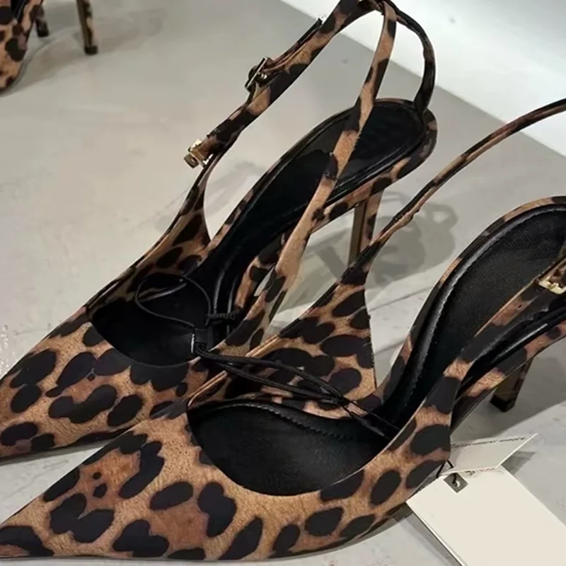 

Stylish Leopard Ankle Strap Women Slingback Pumps Pointed Toe Cutouts Suede Cloth Cover Heels Female Sandals