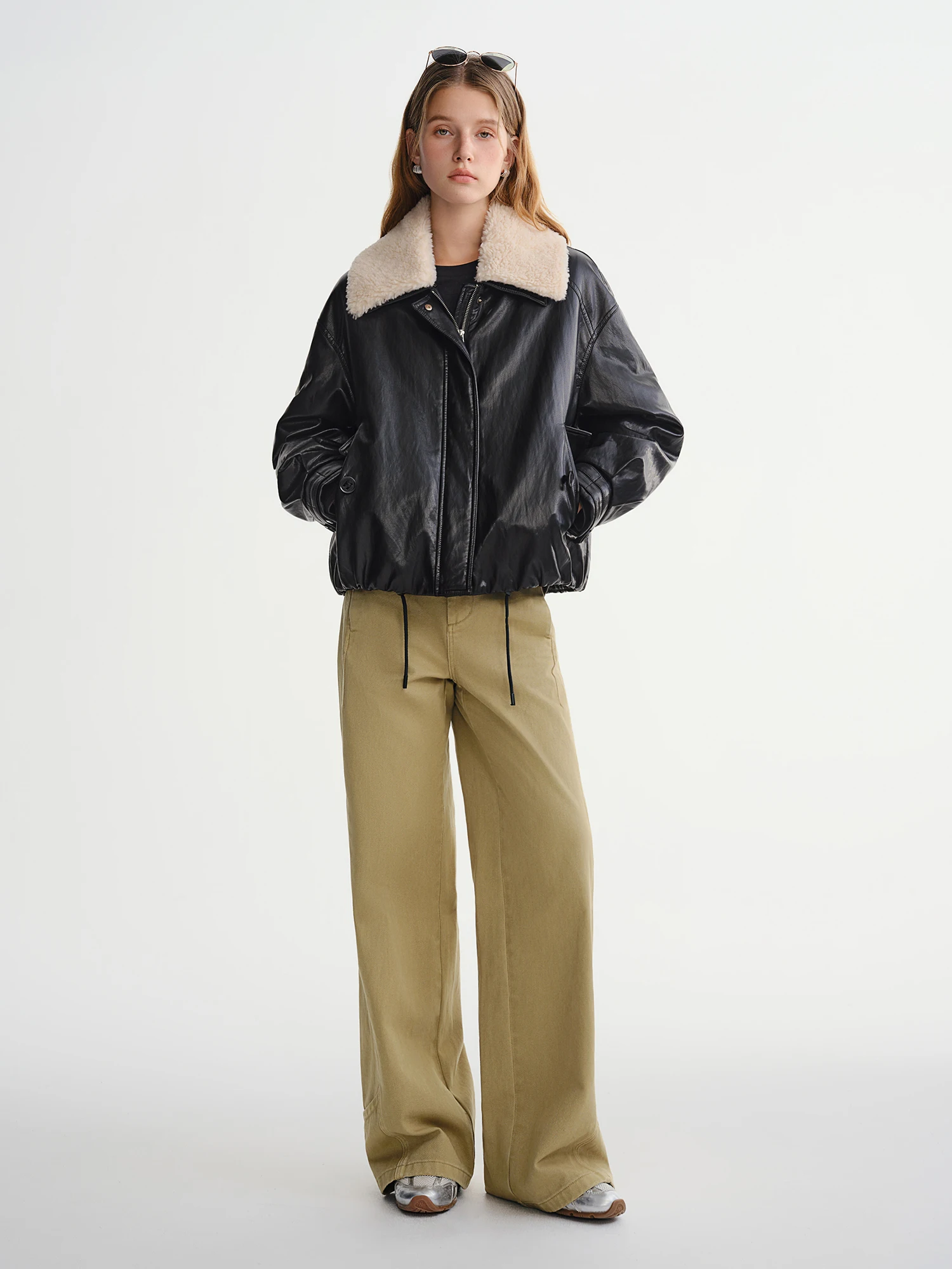 DUSHU Winter 2025 Women's Notch Lapel Protein Leather Down Jacket - White Duck Down Fill for Warm and Casual Winter Wear