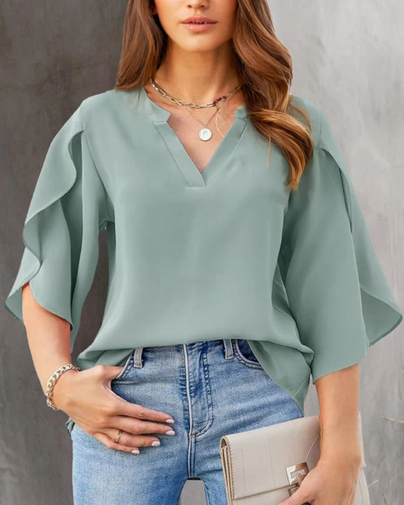 

V-Neck Split Sleeve Shirt Casual Loose Top for Women In Summer Elegant Solid Color Five Quarter Sleeve Flared Sleeve T-Shirt Top