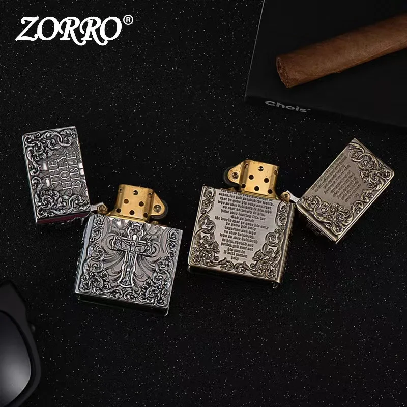 ZORRO Armor Bible Embossed Pure Copper Kerosene Lighter Classic Grinding Wheel Ignition Windproof Cigarette Accessories Gadgets