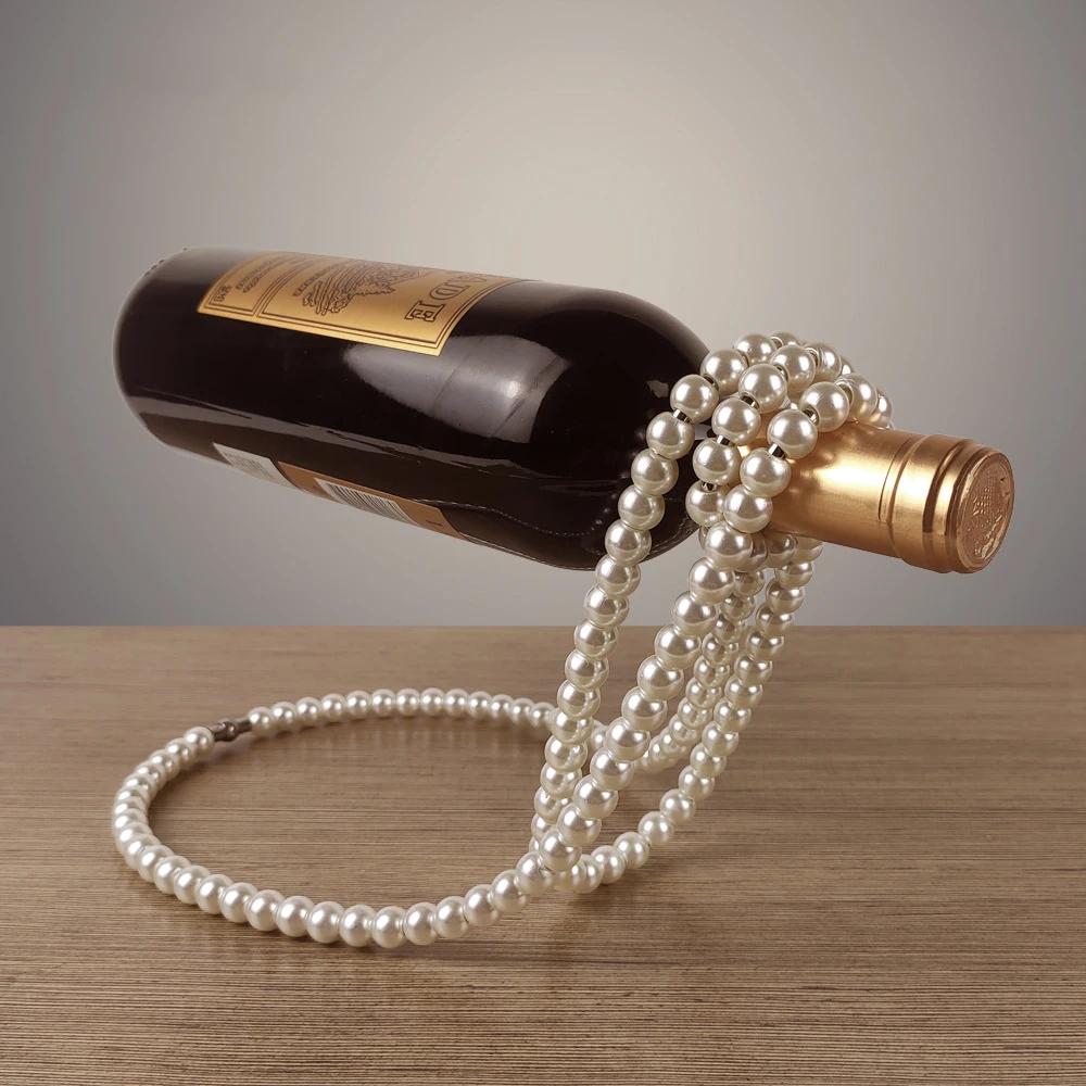 HQ Creative Pearl Necklace Wine Rack Luxury Magic Metal Resin Hanging Suspension Wine Bottle Holder Rack Home Desktop Decoration