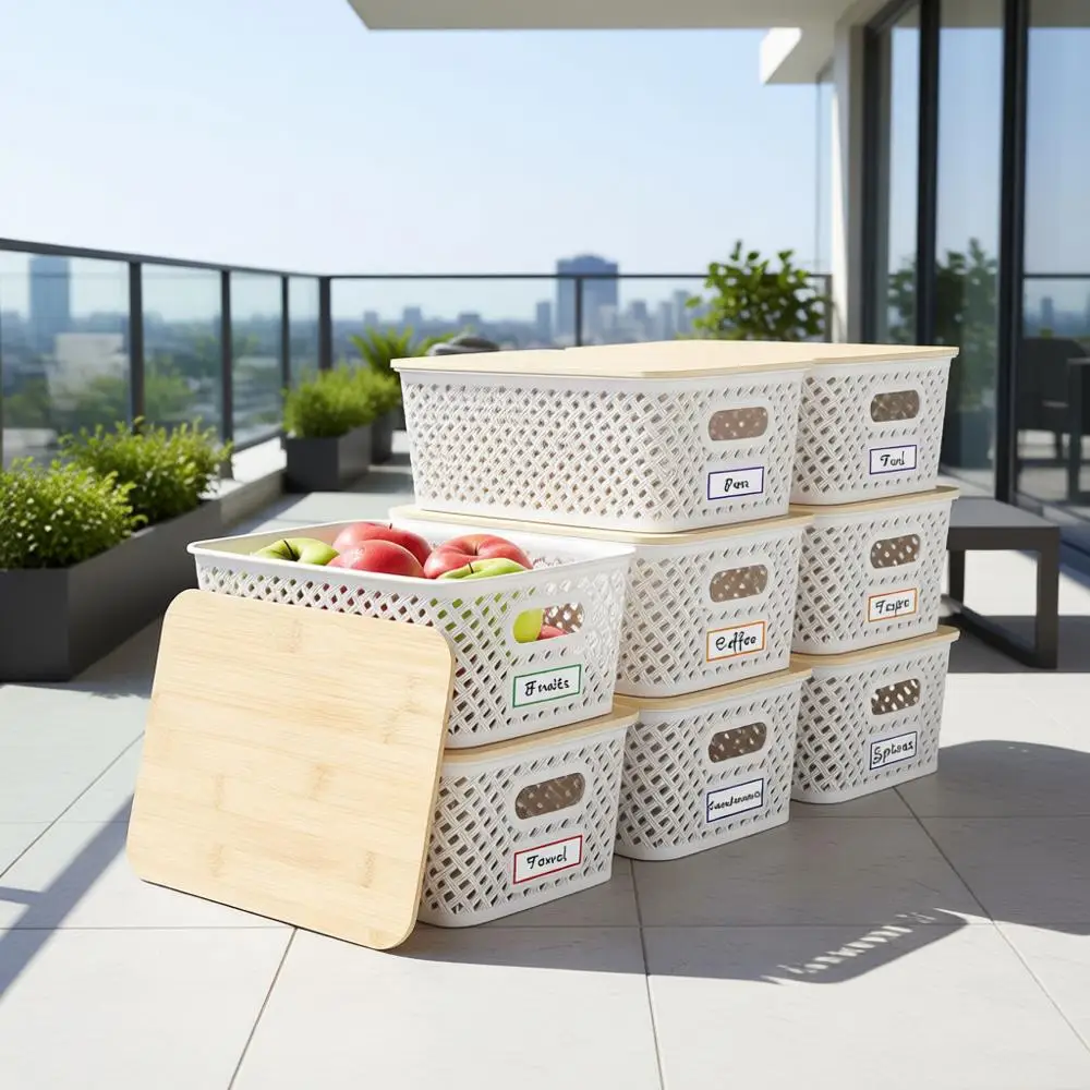 

Plastic Storage Bins with Bamboo Lids - Stackable Storage Bins Decorative Small Basket Containers or Organizing Shelves Office C