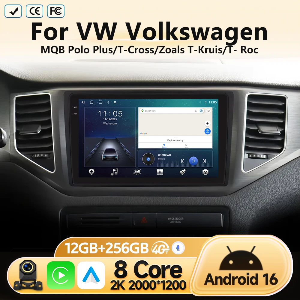 GPS Navigation For VW Volkswagen MQB Polo Plus/T-Cross/Zoals T-Kruis/T- Roc Android 16 Car Radio Multimedia Video Player No DVD