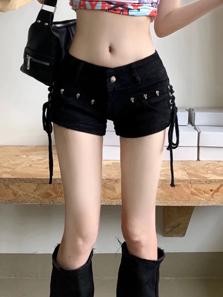 American Vintage Chic Low Waist Slim Straight Shorts for Women Ins Fashion Lace-Up Simple Street Pure Color Casual Female Shorts