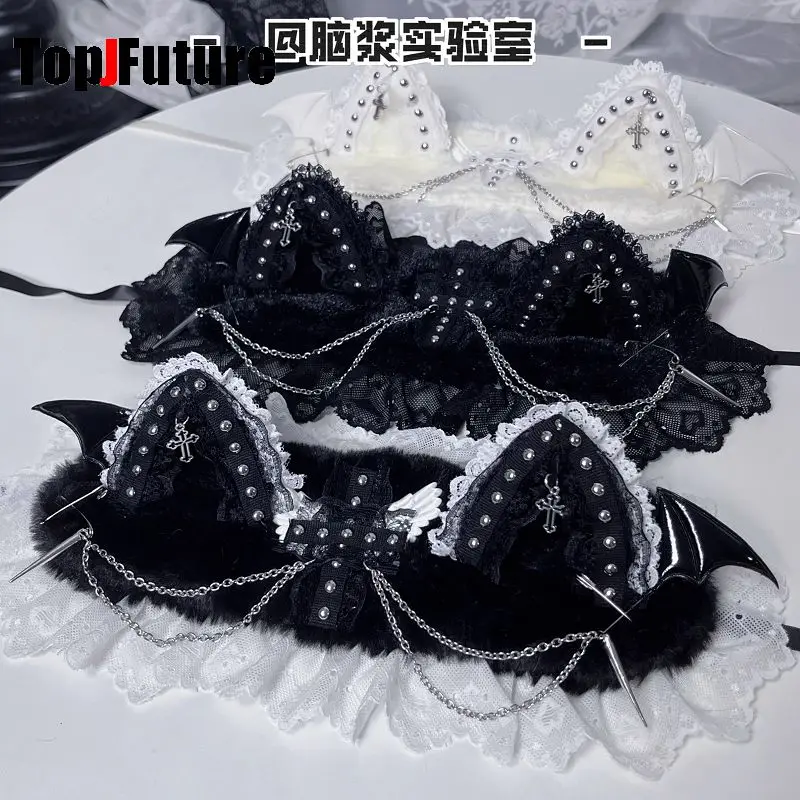 Women\'s lace y2k girls Gothic Lolita cosplay Harajuku punk headband with cat ears headband Lolita buckle punk cosplay headband