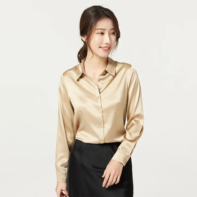 

Birdsky, 1PC Women long sleeve shirts blouse shirt Top office lady stand collar 93% mulberry silk satin solid color. S-220