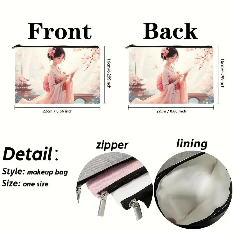 Elegant Japanese Kimono Lady Print Cosmetic Bag Sakura Blossom Butterfly Design with Color Stable Portable Makeup Pouch