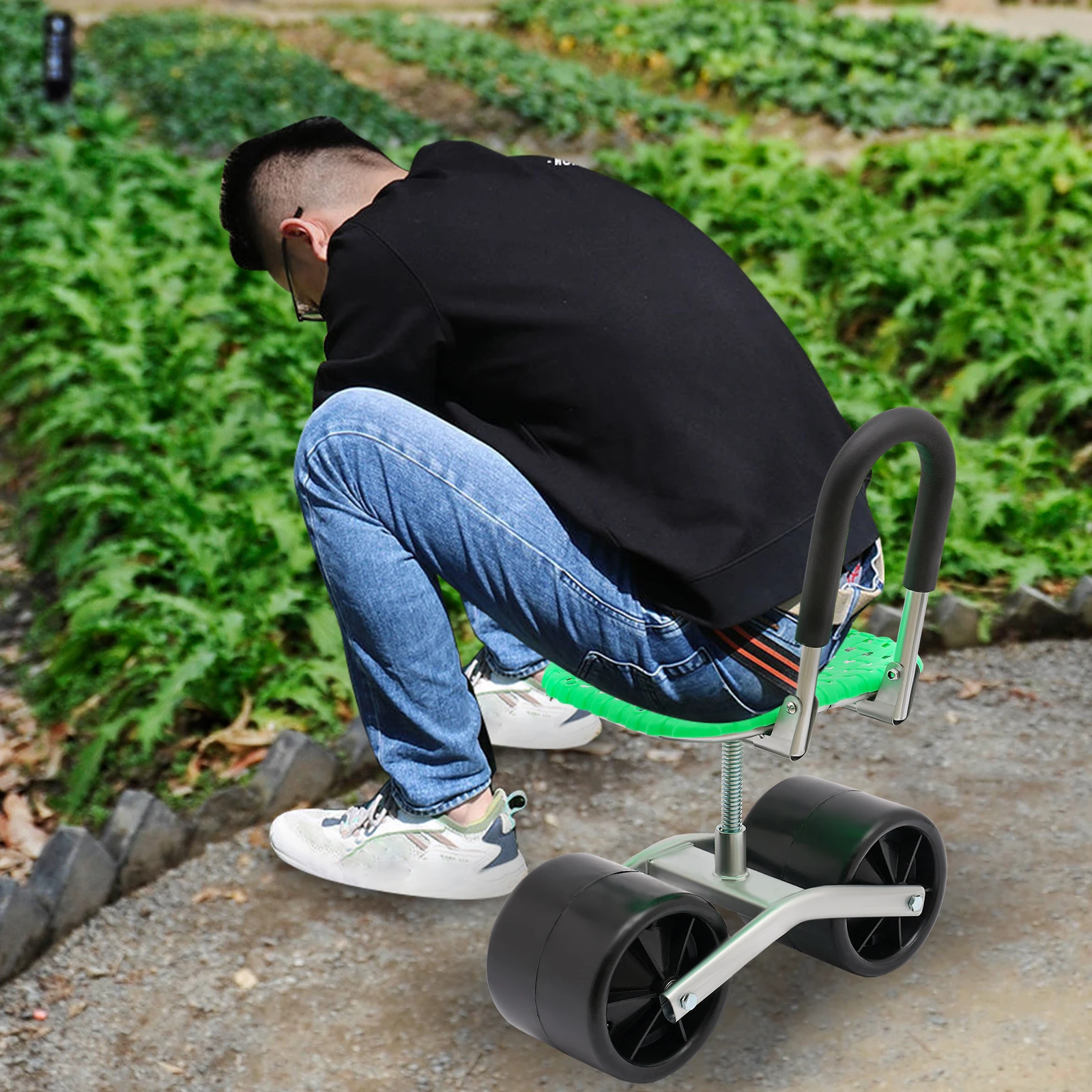 

Rolling Garden Stool Workseat with Adjustable Height, Curved Seat for Comfort, Protective Handle, Ideal for Relaxing Outdoor