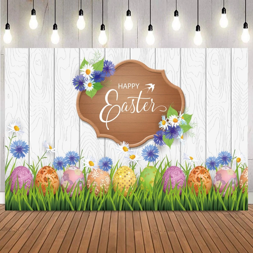 Easter Egg Rabbits Fences Photography Background Chocolate Grass Flowers Kids Birthday Party Portrait Home Decor Photo Backdrop