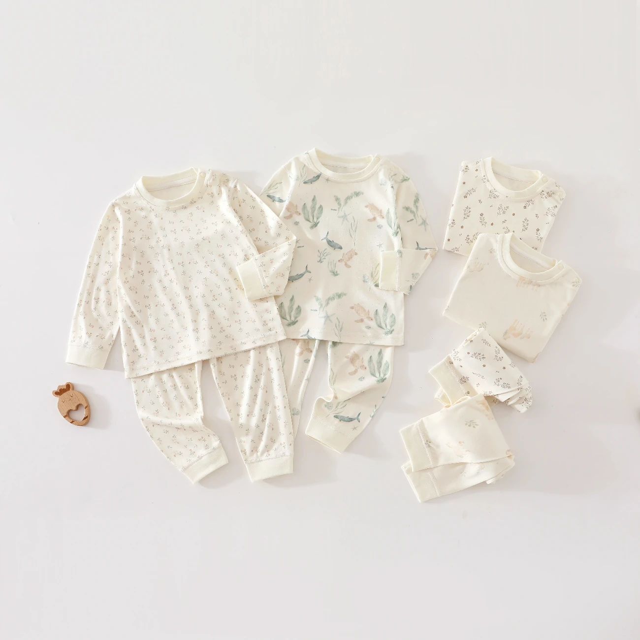 Baby Warm Ginger Plant Antibacterial Underwear Set with Ocean Print, Autumn Clothes and Pants, Separate Home Pajamas