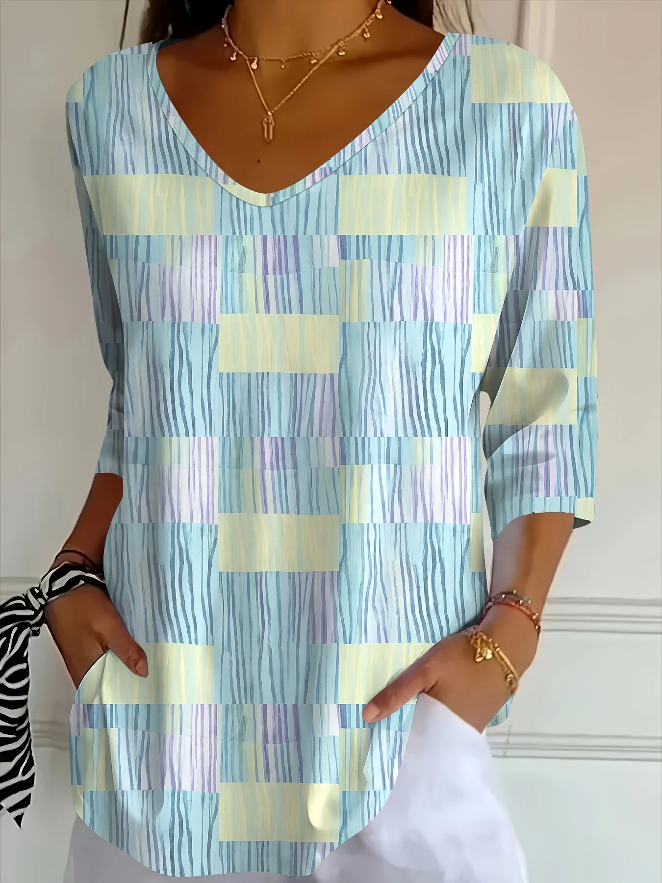 2026 Women Blouse Striped Plaid Splicing Print V Neck Long Sleeve Pocket Casual Loose Tops Women's Clothes