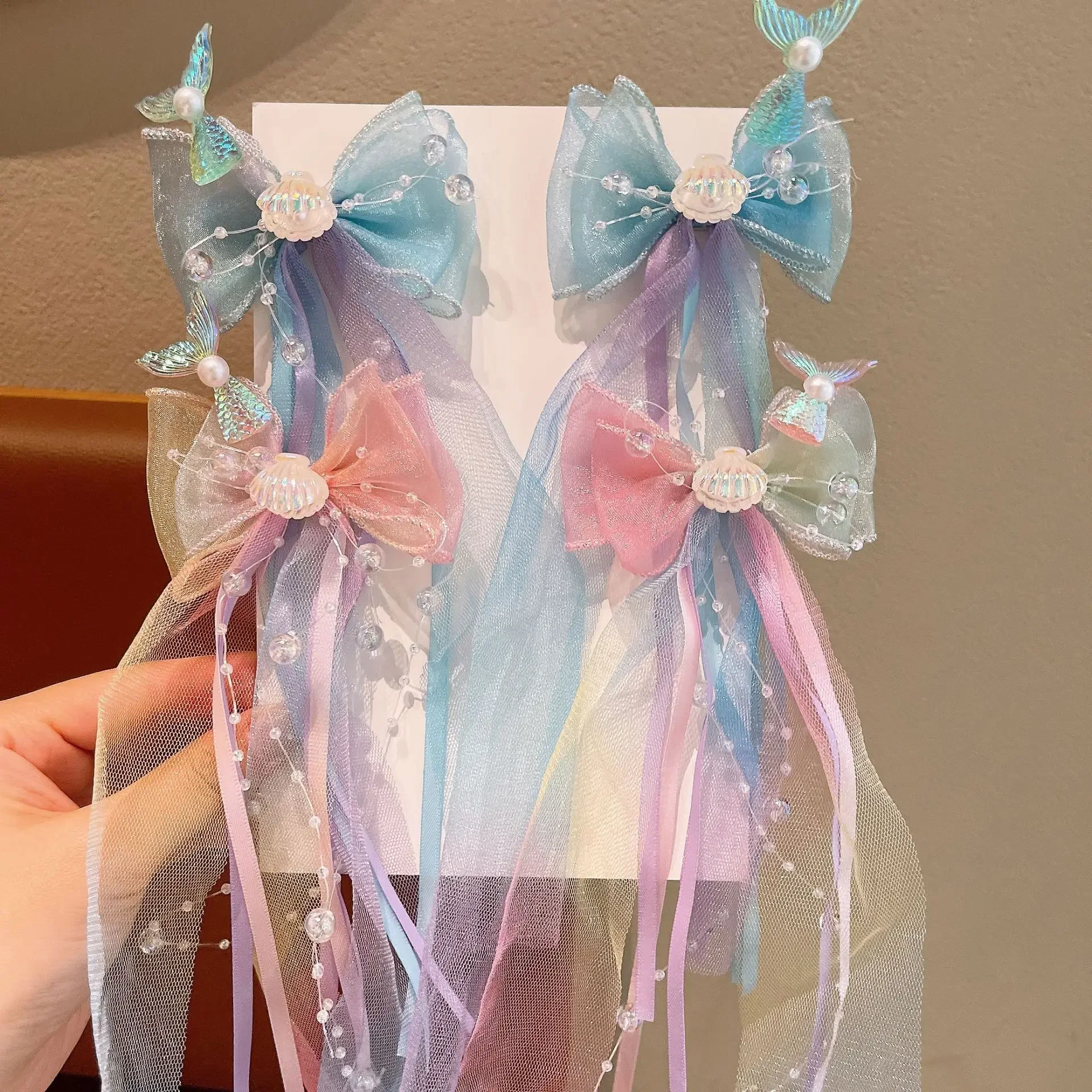 1 Paar verträumte Meerjungfrau-Feen-Haarspange mit Schleifenriemen, Feen-Air-Mesh-Seitenclip, Kinder-Prinzessin-Haarschmuck, Alltags-/Party-Stil – Detail 1