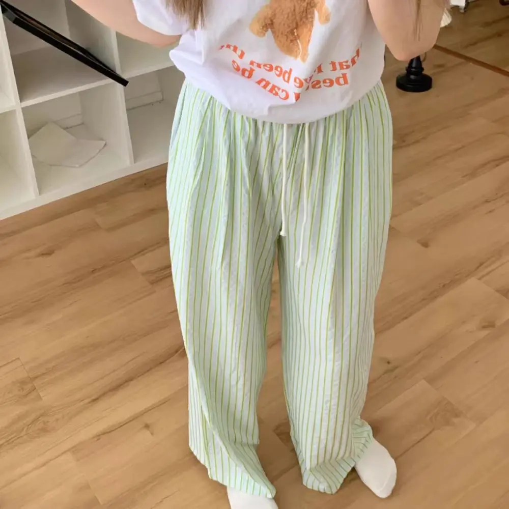 

Simple Drawstring Straight Wide Leg Pants Thin Loose Striped Long Pants Streetwear High Waist Casual Pants Women Summer