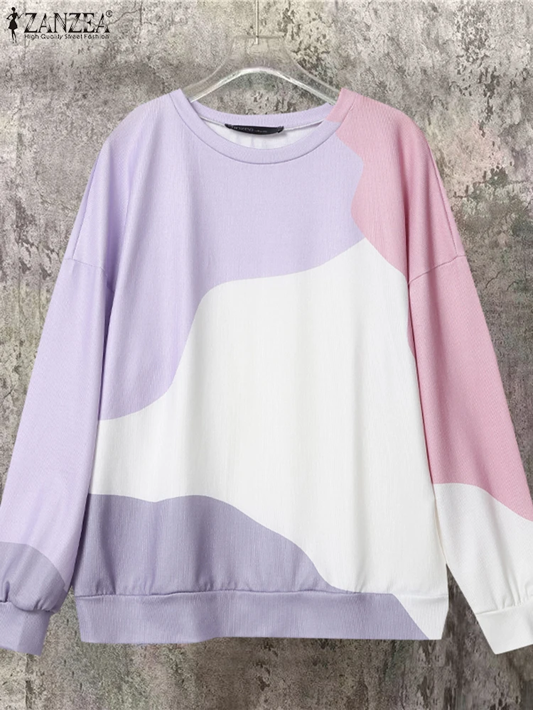 

Elegant Color Patchwork Knitted Hoodies ZANZEA Women Sweatshirts 2024 Casual Long Sleeved Tops Fashion Loose O-Neck Pullovers