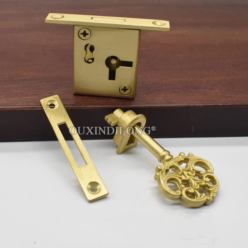 2PCS Pure Brass Drawer Cabinet Locks Cupboard Locker File Cabinet Lock Hidden Wood Cases Box Lock European Furniture Lock+Key