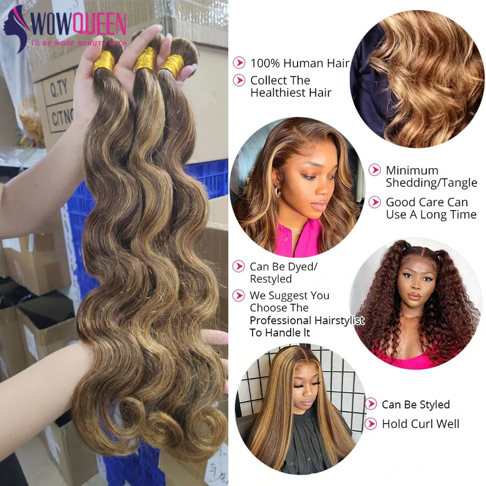 Paquetes de Cabello Brasileño con Ondas Cuerpo y Reflejos P4/27, Ombre Miel, Remy 6