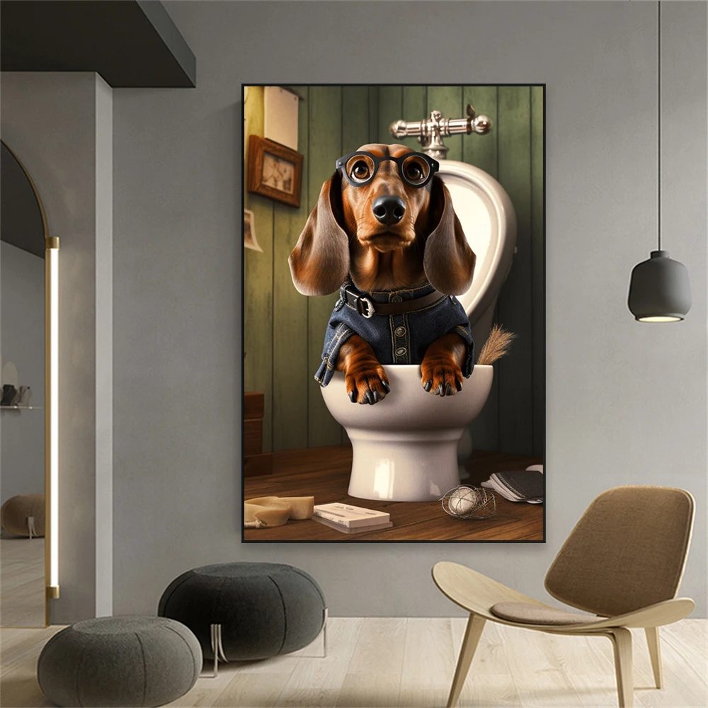 Affiche drôle de teckel sur les toilettes, peinture sur toile d'art mural animal mignon, décoration de chambre à coucher