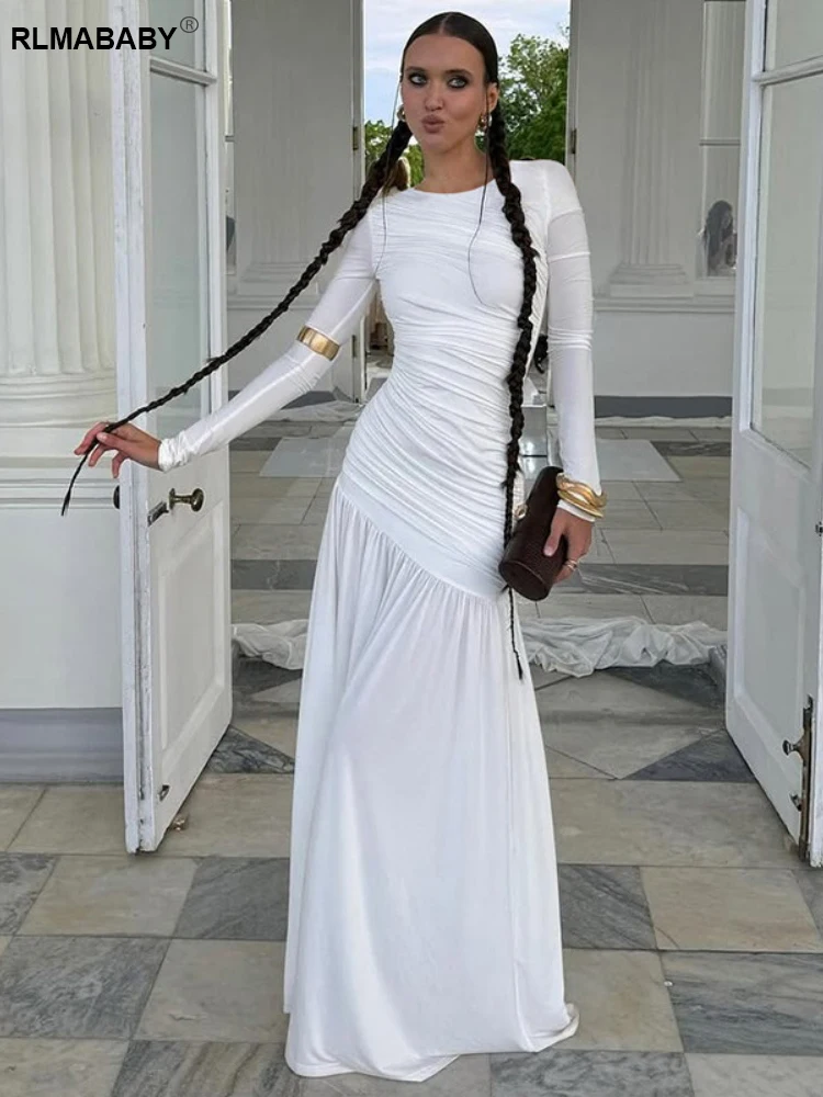 فستان RLMABABY أنيق للنساء للخريف بياقة دائرية وأكمام طويلة مكشكش فستان طويل مثير بخصر عالٍ ثنيات طيات للحفلات فستان ماكسي #6