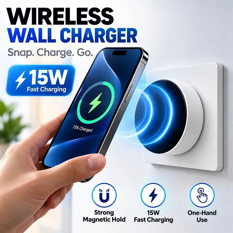15W Magnetic Wireless Phone Charger for 86 Wall Box Detachable Round Charging Head Square Panel White Gray Home Interior