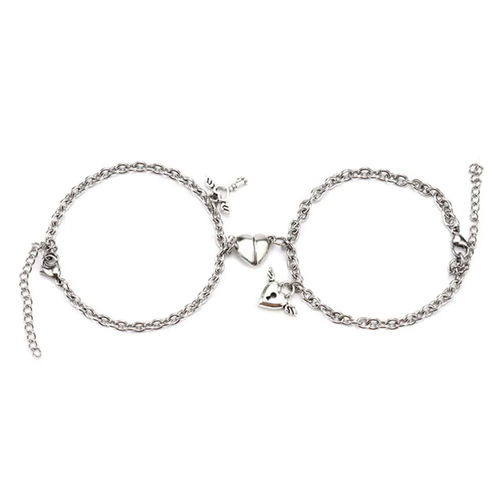Korean 2pcs/set Alloy Key Stainless Steel Lock Heart Shaped Bracelet Couple Bracelet Fashion Accessories Magnet Attraction