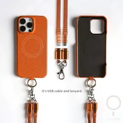 Versatile Lanyard USB Charging Cable Genuine Leather Phone Case for iPhone 16 Pro Max 15 14 13 12 11 Magnetic Magsafe Back Cover