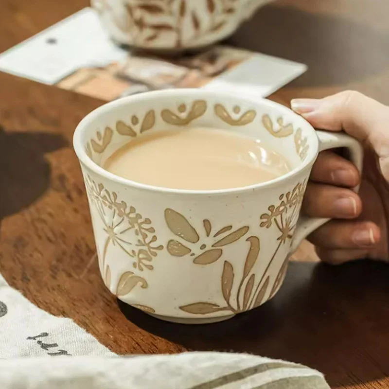 Vintage Embossed Aquatic Weed Ceramic Coffee Cup Drinking Water Mug Gift Mug Home Decor Ceramic Bas-Relief Sophistication Cups