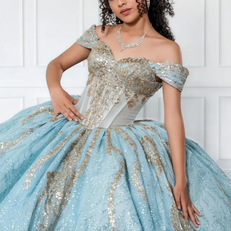 

Shiny Blue Quinceanera Dress off-shoulder Golden Glitter Crystal Decal Layering Long tail vestidos de 15 Quinceanera ﻿Customize