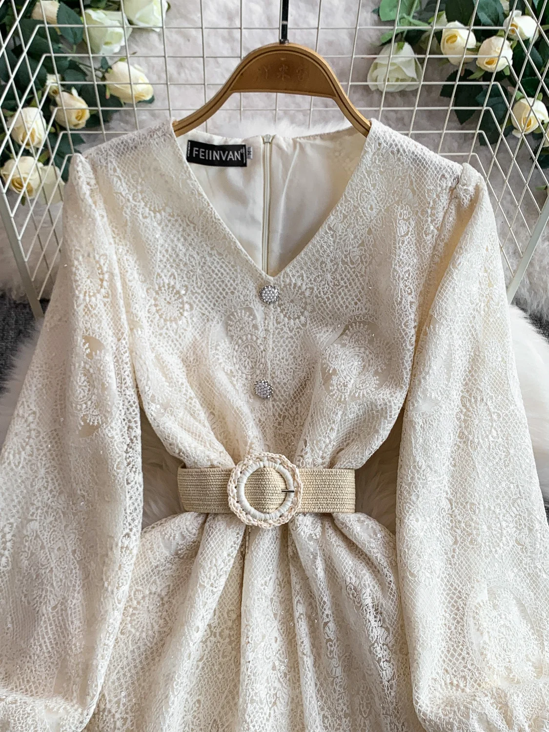 Ele V-ne Geborduurde Lange Dr Dames Lente Herfst Knop Tie Taille Afslankjurk Franse Sle Pailletten Hoge Taille