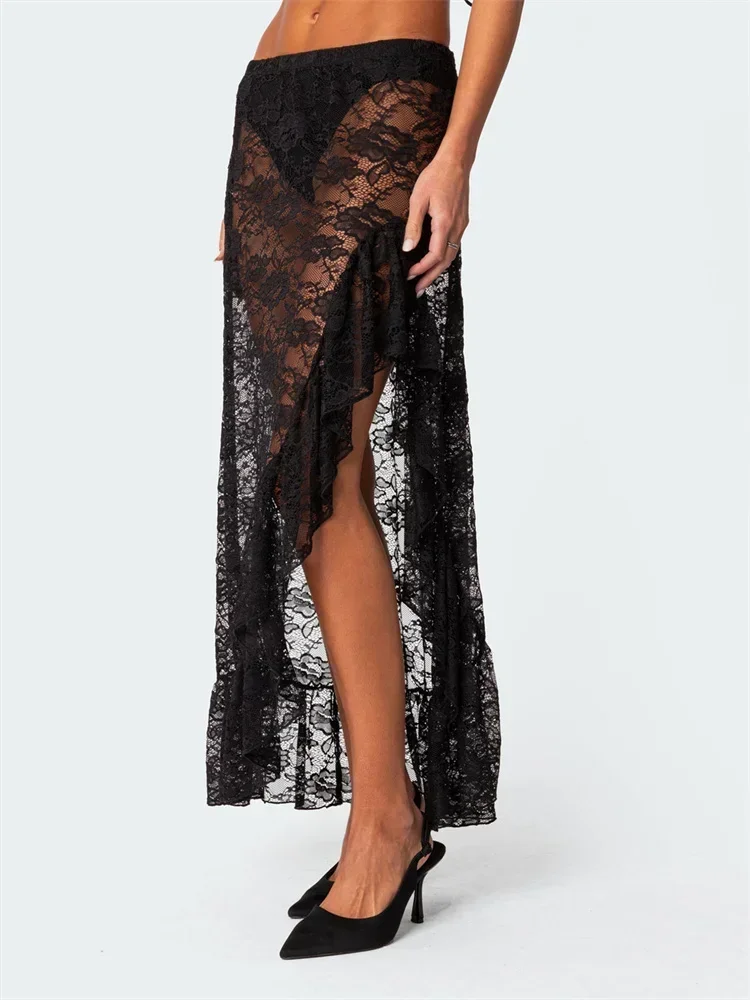Women Sheer Lace Midi Skirts Elastic Waist Ruffle Frill Split Skirt See Through Summer Bohemian Retro Beach Sexy Streetwear