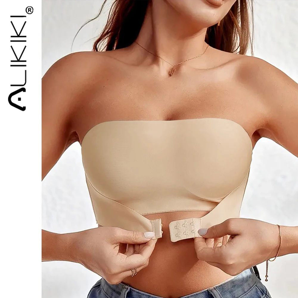 

Strapless Front Buckle Bras for Women Push Up Wirefree Non-Slip Tube Top Invisible Bralette Seamless No Padding Bandeau Bra