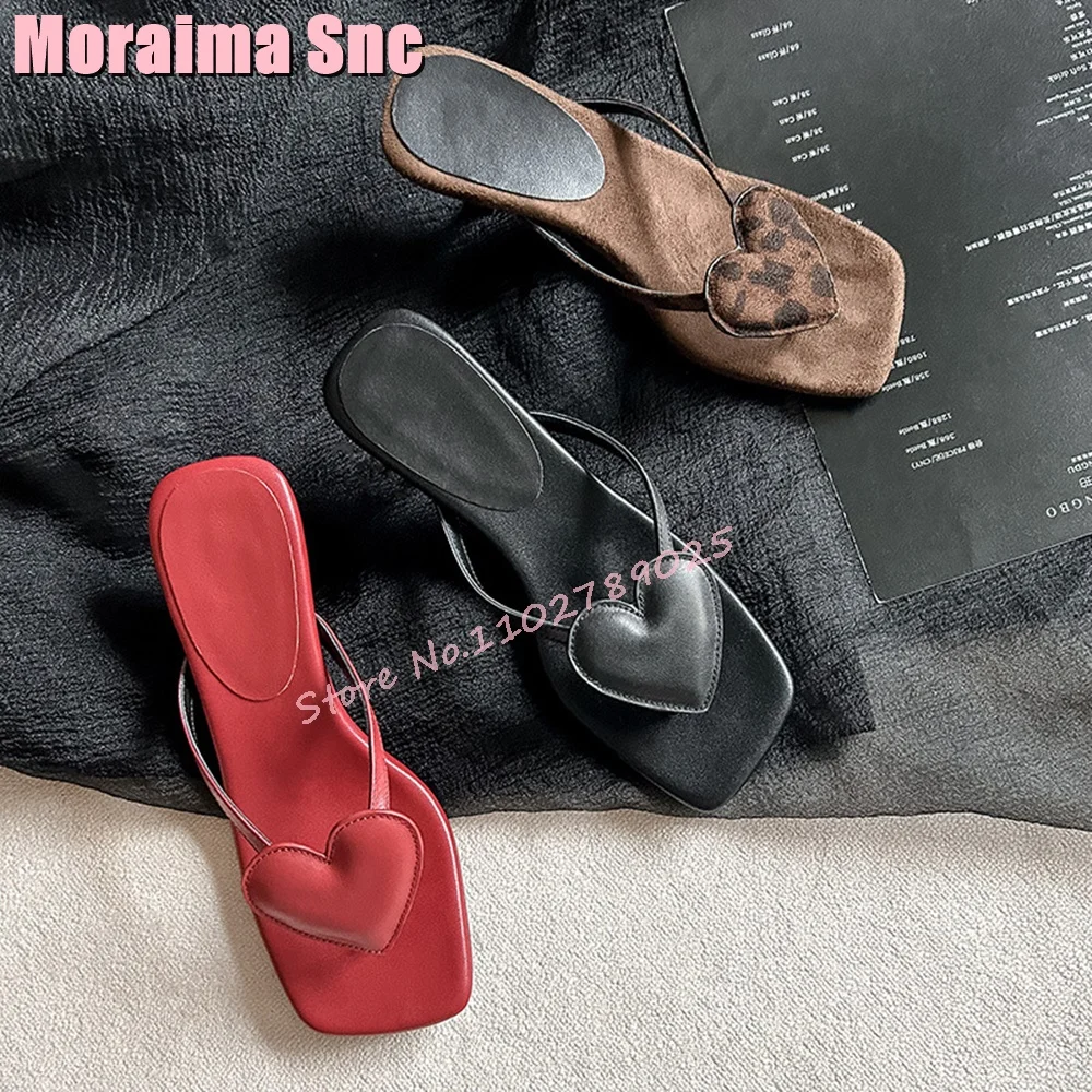 Heart Decor Clip Toe Flip Flops Strange Low Heel Square Toe Sexy Elegant Women's Shoes Slippers Outdoor Leopard Black Solid 2024 image 2