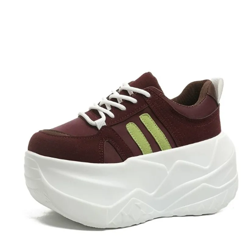 

New 10CM Leather Chunky Lace Up Sneakers Autumn High Platform Wedge Heels Casual Shoes Breathable Comfortable Dad Shoes