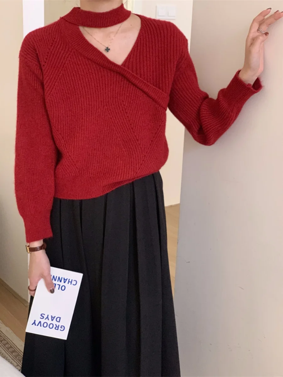 

Белый улучшающий подвесной полый вязаный свитер V-Ne Design Pure Color Long Sve Crew Ne Pullover Autumn Faion