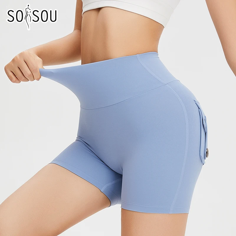 SOISOU Nylon Yoga Shorts Gym Women's Cycling Shorts Tight Elastic Breathable Absorb Sweat Back Pockets Biker Shorts Woman