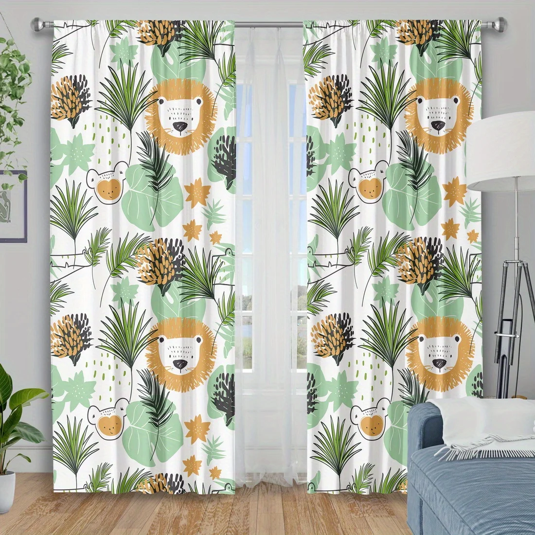 Tropical Jungle Safari Curtains with Lion Print Green Botanical Leaves Panels Boho Nursery Decor Window Curtains for Home