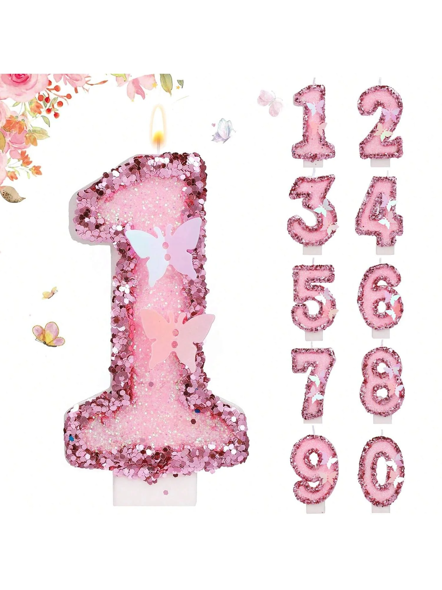 Birthday Number Candles, Pink Butterfly Sequin Happy Birthday Cake Candles for Ins Pink Theme Birthday Party Decoration,Handmade