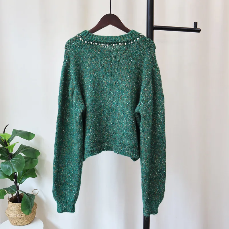 Green nail bead knitted cardigan 2024 autumn and winter new round neck loose western-style age reducing sweater jacket for women