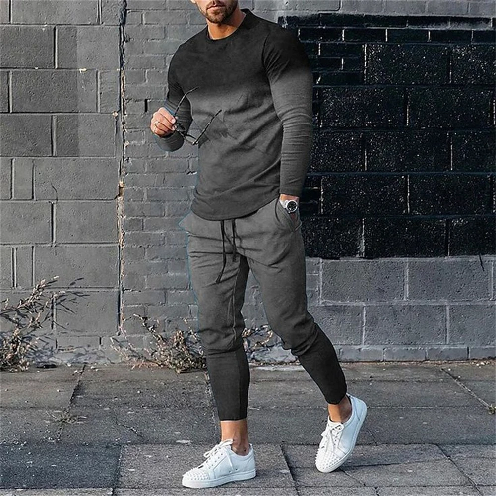 Men Long Sleeve T Shirt Pants Tracksuits 2 Piece Sets Sweatshirt Sweatpants Suits Print Tops Trousers Sportswear Men\'s Clothing