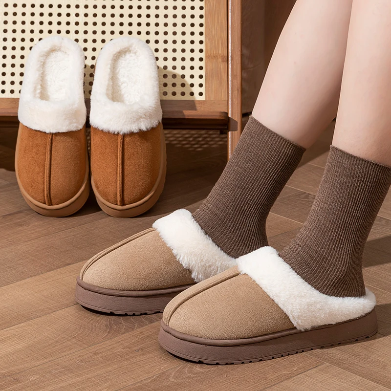 New Fluffy Home Warm Slippers Women Soft Sole Bedroom Plush Lined Winter Shoes Woman Comfortable Non Slip Faux Fur Slippers 2024