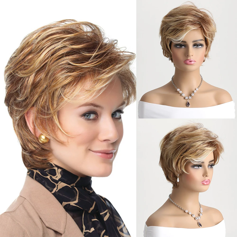 

10 Inch Natural Synthetic Wigs For Women Brown and Gold Short Curly Wig Daily Party Halloween Christmas Music Festival