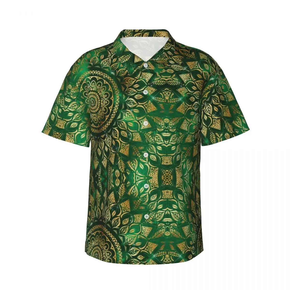 Gold Green Mandala Flower Vacation Shirt Male Elegant Henna Floral Casual Shirts Summer Short-Sleeve Retro Y2K Oversized Blouses